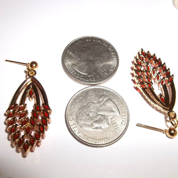 Faux Ruby and Diamond Earrings Gold Red White Sparkle Post Set Dangle Drop C897 - Picture 3 of 6